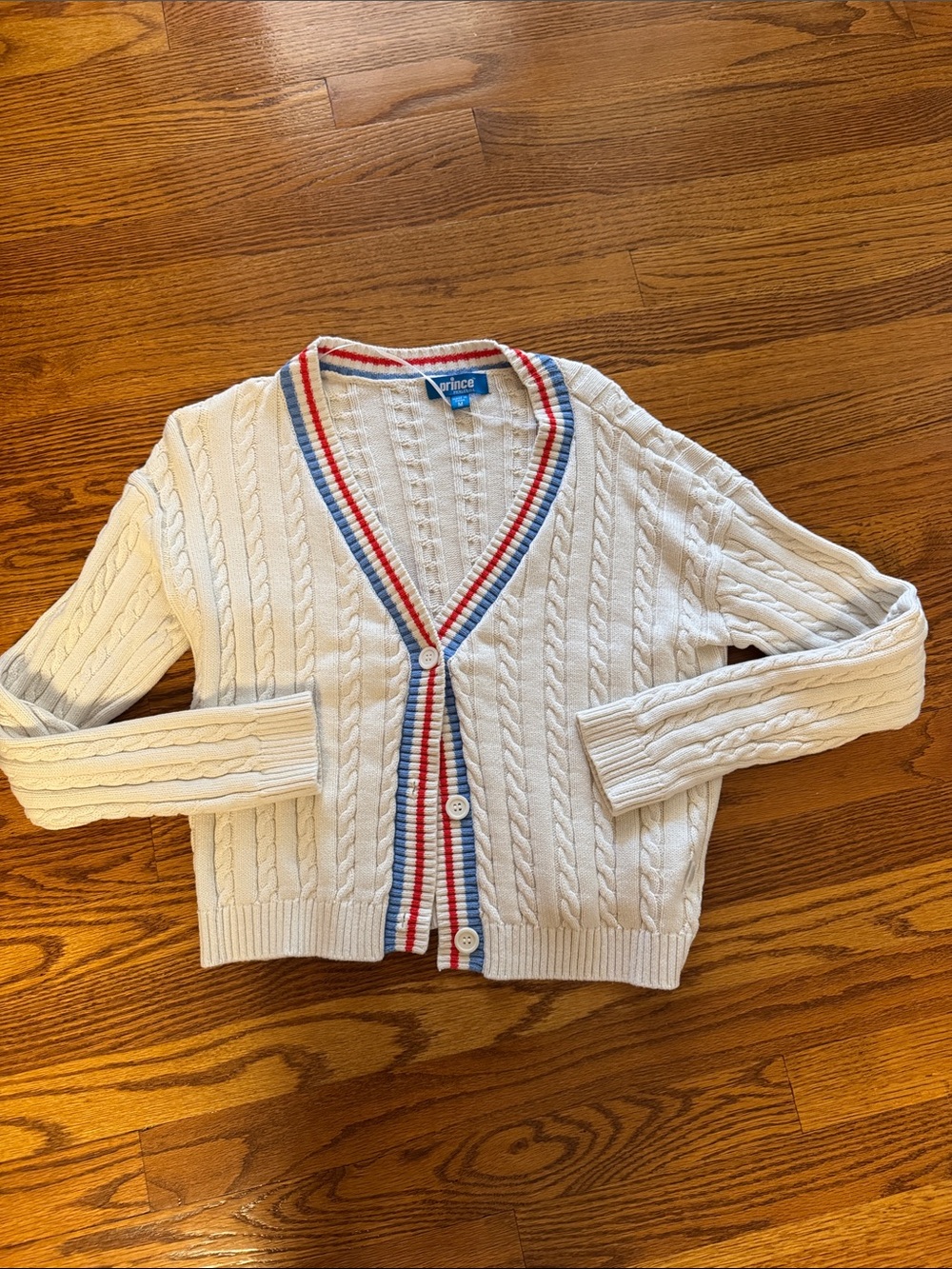 Prince Ivory Cable Knit Cardigan with Red & Blue Stripe Trim